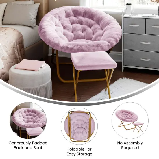 Emma and Oliver Ersa Oversize Folding Saucer Moon Chair and Ottoman for Dorm and Bedroom with Steel Frames DustyPurple/SoftGold {3}