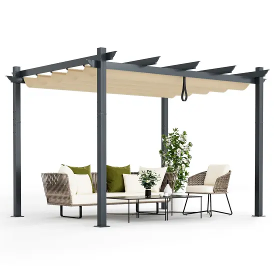 Costway 10x12ft Outdoor Aluminum Retractable Pergola Canopy Shelter Grape Trellis Beige/Gray {7}