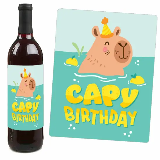 Big Dot of Happiness Capy Birthday - Capybara Party Decorations for Women and Men - Wine Bottle Label Stickers - Set of 4 {4}