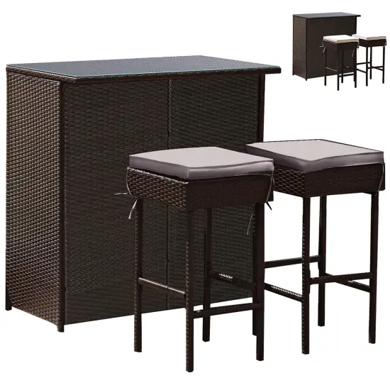 Costway Patio 3PCS Rattan Bar Table Stool Set Cushioned Chairs withCover {7}