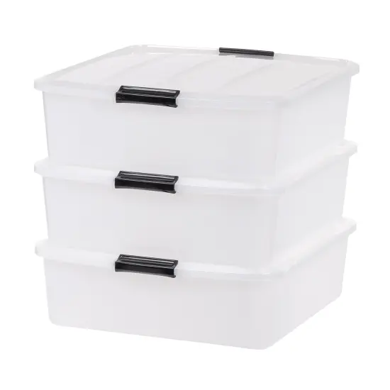 IRIS USA 33 Qt Plastic Under Bed Storage Organizer Bin Container with Secure Lids and Durable Black Buckles, Multi-Purpose for Clothes, Shoes, Clothing, and Bedding, Short, Clear, 3 Pack {6}