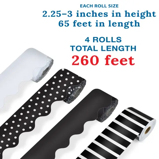 Carson Dellosa 4 Rolls of 260 Ft of Scallop Black and White Bulletin Board Borders, Striped, Polka Dot Black and White Borders for Bulletin Board & Classroom D&eacute;cor, 65 Ft Per Roll {2}