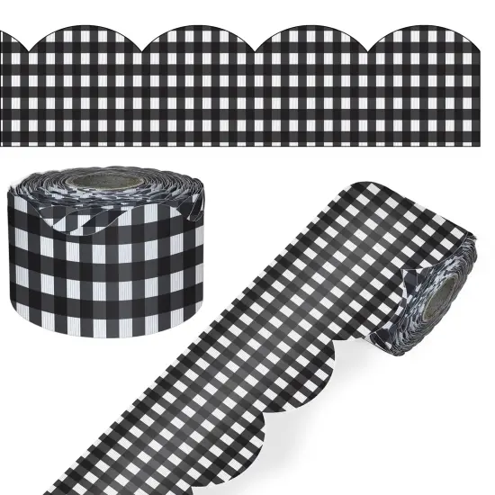 Carson Dellosa Farmhouse 65Ft of Black and White Gingham Bulletin Board Borders, 1 Roll of Scalloped Trim for Rolling Whiteboard, Cork and Posterboard, Party, Office Decorations, and Classroom Decor {1}