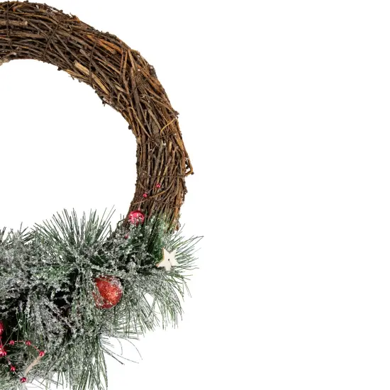 Northlight Red Ornaments, Pine Needle and Stars Frosted Christmas Wreath, 13.75-Inch Green {4}