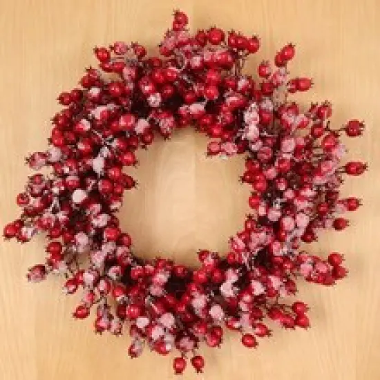22" Iced Red Hawthorn Berry Wreath Realistic Faux Berries &ndash; Festive D&eacute;cor by Floral Home&reg; {3}