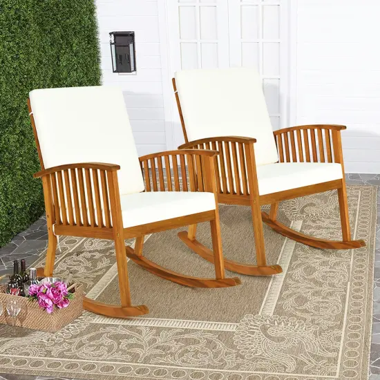 Costway 2PCSAcacia Wood Rocking Chair Garden Lawn W/ Cushion {2}