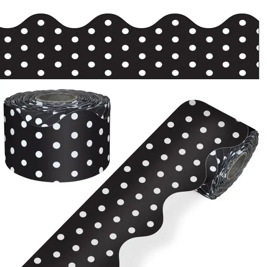Carson Dellosa 65Ft of Black and White Bulletin Board Borders, 1 Roll of Scalloped Trim With Polka Dots for Rolling Whiteboard, Cork and Posterboard, Party, Office Decorations, and Classroom Decor {1}