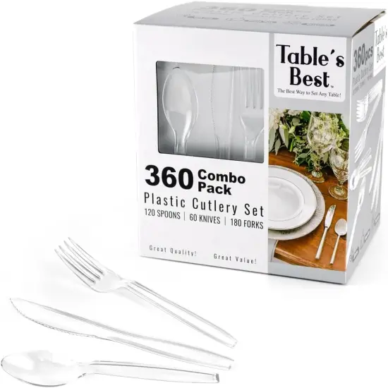 Clear Disposable Cutlery set - 360 Pieces: 180 Forks, 120 Spoons, 60 Knives {1}