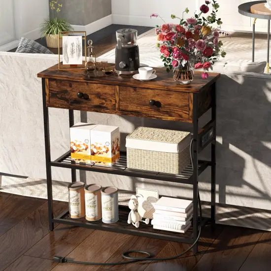Costway Entryway Table with Charging Station Narrow Console Table with 2 Drawers Brown/Oak {4}