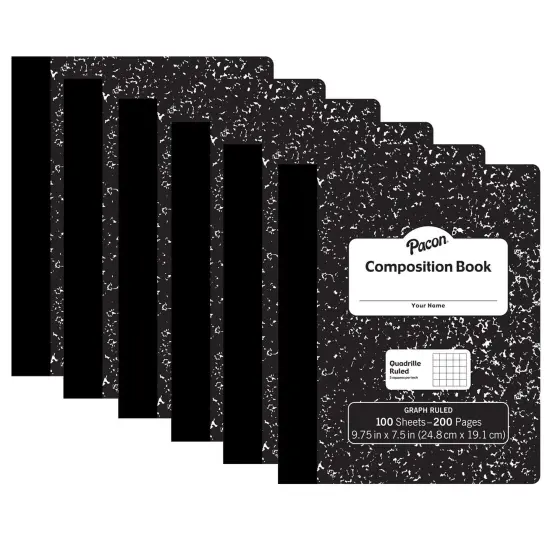 Composition Book, Black Marble, 1/5" Quadrille Ruled, 9-3/4" x 7-1/2", 100 Sheets, Pack of 6 {1}