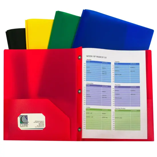 Two-Pocket Heavyweight Poly Portfolio Folder with Prongs, Assorted Primary Colors, Pack of 10 {1}