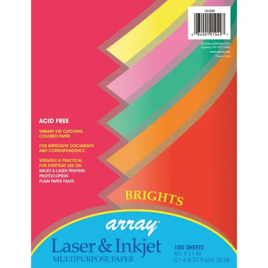 Bright Multi-Purpose Paper, 5 Assorted Colors, 20 lb., 8-1/2" x 11", 100 Sheets Per Pack, 3 Packs {2}