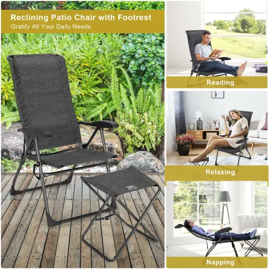4 Pieces Patio Adjustable Back Folding Dining Chair Ottoman Set Grey {2}