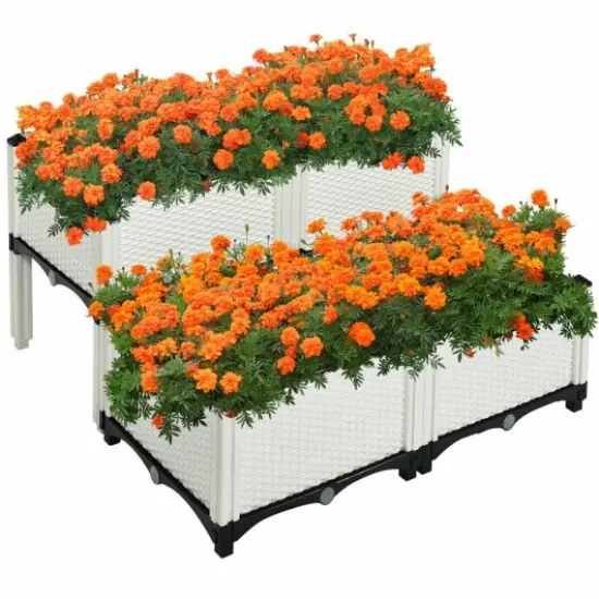 Set of 4 Elevated Flower Vegetable Herb Grow Planter Box White {1}
