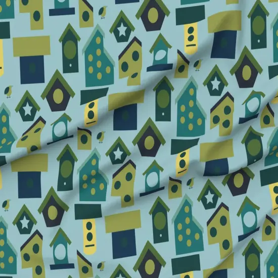 Various Fabrics by the Yard or Fat Quarter Birdhouse Colorful Cheerful Gardening Birding Teal Blue Green Custom Printed Fabric by Spoonflower {6}