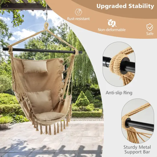 Hanging Rope Swing Chair with Soft Pillow and Cushions Beige {3}