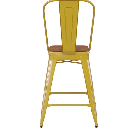 Emma and Oliver Kam Metal Indoor-Outdoor Stool with Removable Back and All-Weather Polystyrene Seat Yellow/Teak {4}