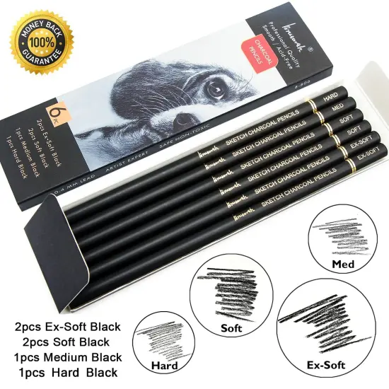 6 Pieces Professional Charcoal Pencils Drawing Set - Soft Medium and Hard Charcoal Pencils for Drawing, Sketching, Shading {1}