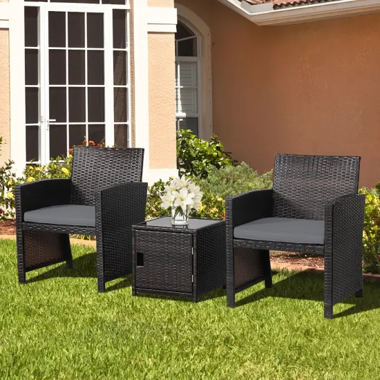 3 Pieces Patio Wicker Furniture Set with Storage Table and Protective Cover Grey {1}