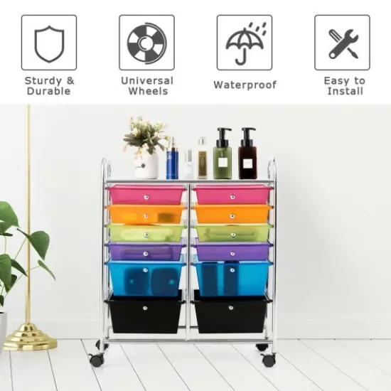 Mobile 12-Drawer Storage Organizer Cart with Ventilated Top Locking Wheels and Sturdy Frame Multi {3}