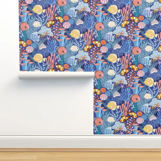 Peel & Stick Wallpaper 2FT Wide Coral Reef Blue Colorful Tropical Under The Sea Coastal Custom Removable Wallpaper by Spoonflower {2}