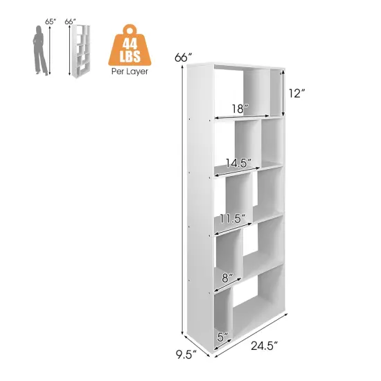 Costway 5-tier Wood Bookcase 66'' Tall Open Storage shelf Display Rack w/10 Compartments {4}
