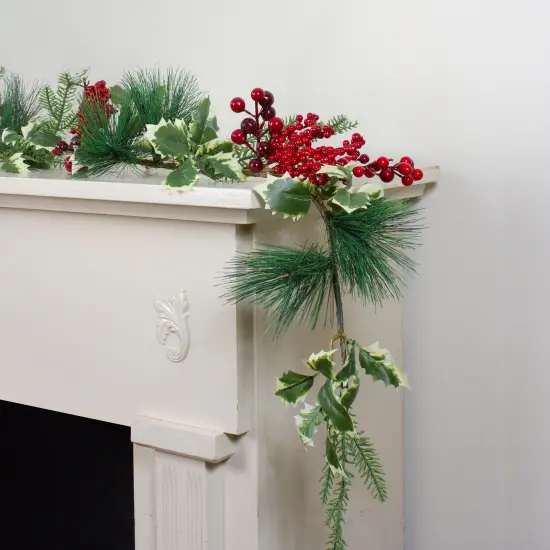 Northlight 5' x 5" Holly, Berries and Pine Sprigs Artificial Christmas Garland - Unlit Red {3}
