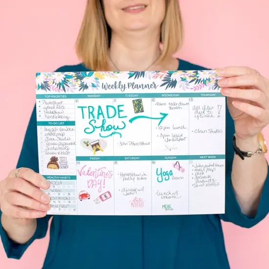 bloom daily planners Planning Pad, 8.5" x 11", Horizontal Weekly Planner, Teal Floral {2}