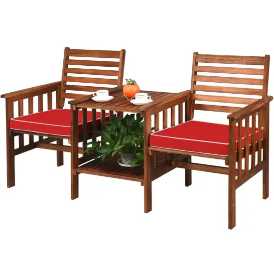 3 pcs Outdoor Patio Table Chairs Set Acacia Wood Loveseat Red {5}