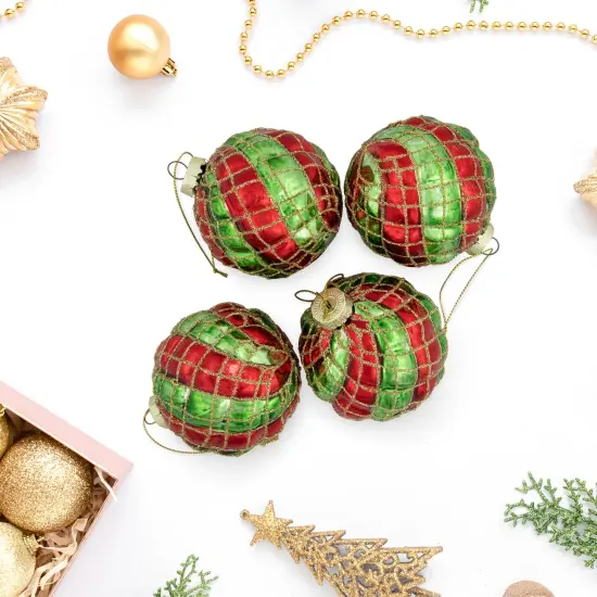 Northlight Glitter Lattice Striped Christmas Glass Ball Ornaments - 3" (80mm) - Red and Green - 4ct {3}