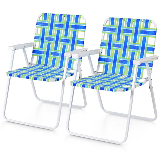 2 Pieces Folding Beach Chair Camping Lawn Webbing Chair Blue {3}
