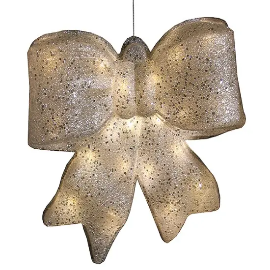 PENN LED Lighted Glittered Bow Christmas Wall Decoration - 16" - Warm White Lights Silver {1}