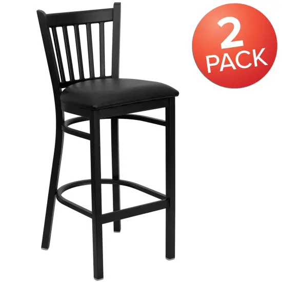 Emma and Oliver 2 Pack Vertical Back Metal Restaurant Barstool BlackVYL/BlackMetal {5}