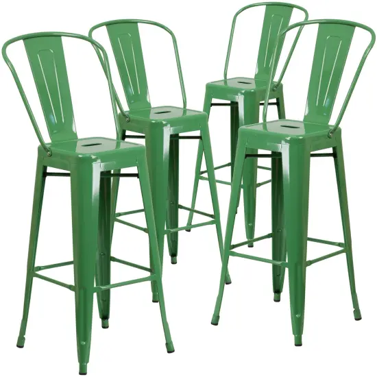 Emma and Oliver Commercial Grade 4 Pack 30" High Metal Indoor-Outdoor Barstool with Back Green {1}