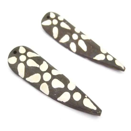 The Bead Chest Batik Bone Sun Feather Pendant 85mmSet of 2 Kenya African Black and White Large Hole Handmade {3}