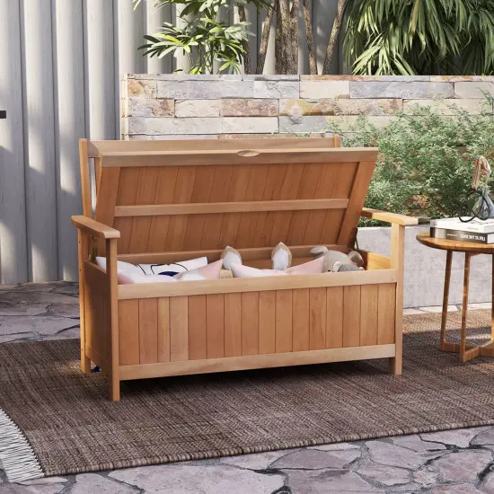 Costway 48 Inch Patio Storage Bench Wood Loveseat with Slatted Backrest for Backyard {5}