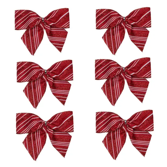 Northlight Glitter Striped 2-Loop Christmas Bow Decorations - 5.5" - Red - Pack of 6 {1}