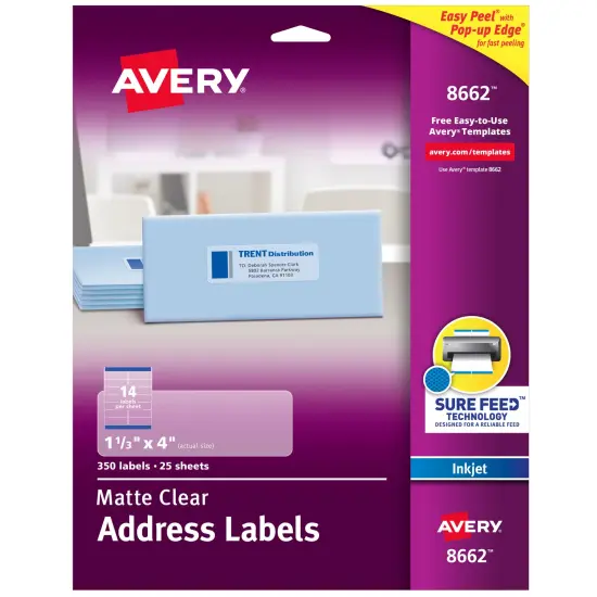 Avery Matte Clear Address Labels, Sure Feed Technology, Inkjet, 1-1/3" x 4", 350 Labels (8662) {1}
