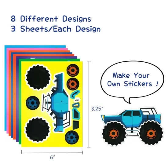 Wrapables Make Your Own Sticker Sheets, DIY Make a Face Animal, Food, Party Favor Stickers (24 Sheets) Monster Trucks {2}