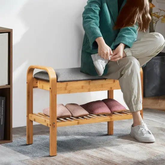 Shoe Rack Bench Bamboo with Storage Shelf -Natural {4}