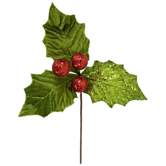 Northlight 19" Glittered Holly with Berry Christmas Stem Spray Green {1}