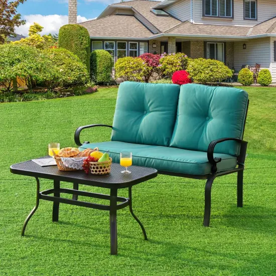 2 Pieces Patio Loveseat Bench Table Furniture Set with Cushioned Chair Turquoise {6}
