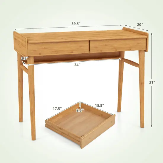 Costway Bamboo Writing Desk 39.5" Computer Study Desk with 2 Storage Drawers & Open Shelf {3}