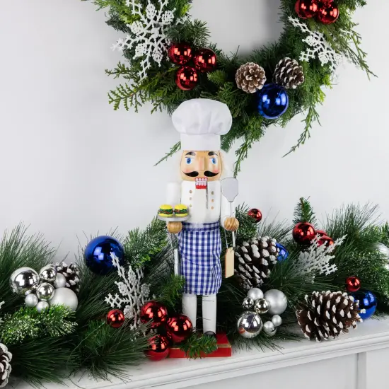 Nutcracker Factory 14" White and Blue Chef with Gingham Apron Wooden Christmas Nutcracker {3}