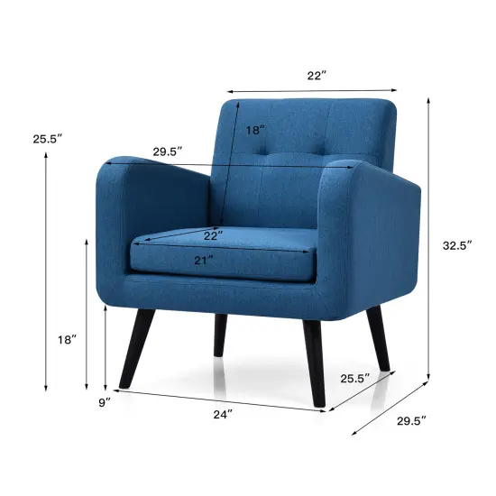 Costway Mid Century Accent Chair Fabric Arm Chair Single Sofa w/Rubber Wood Legs Blue\Grey {9}