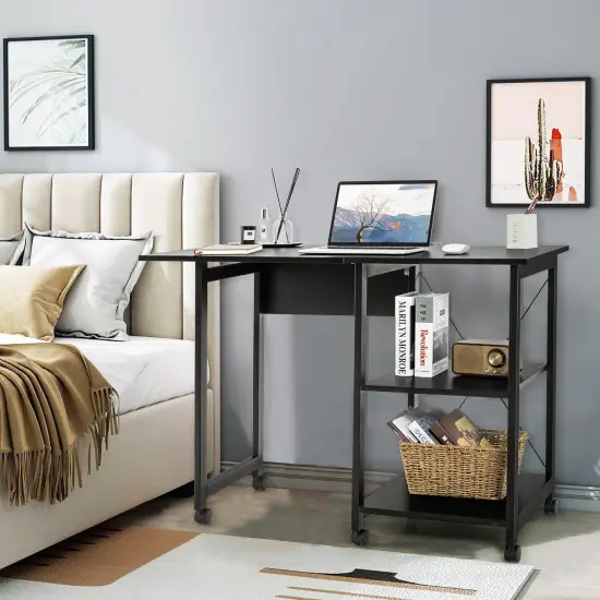 Costway Rolling Computer Desk Folding Writing Office Desk Storage Shelves Black {5}