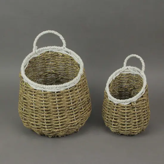 Set of 2 Natural and White Hand-Woven Seagrass Round Baskets Bohemian Decor Brown {5}
