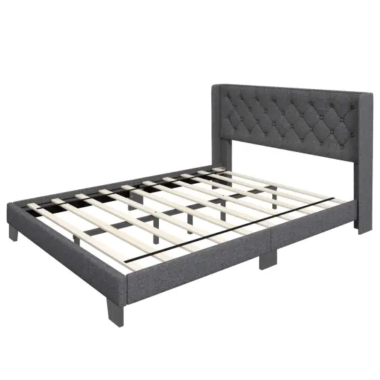 Costway Full/Queen/Twin Size Upholstered Platform Bed Tufted Headboard Mattress Foundation Grey {8}