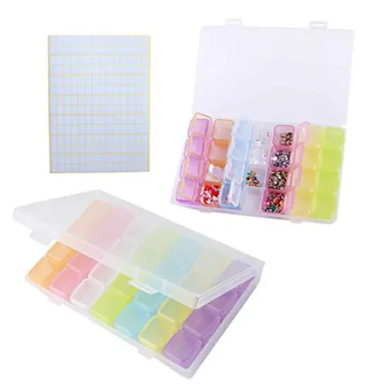 2 Pieces 28 Grids Colorful 5D Diamond Painting Embroidery Box, Accessories Storage Containers Adjustable Bead Case with 196 Pcs Label Stickers (28 Grids-2pack Colorful) {6}