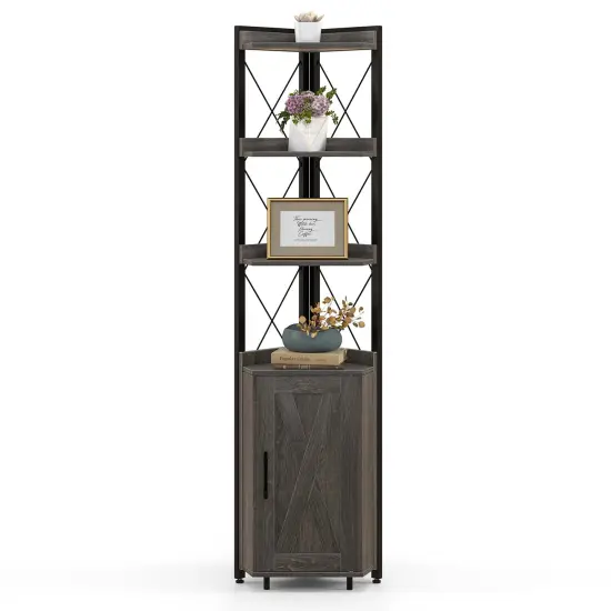 Costway 6-Tier Corner Bookshelf with 5-Level Adjustable Shelf & Anti-Tipping Kits Rustic Brown/Gray {1}